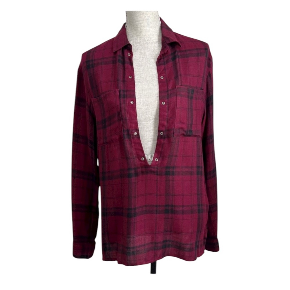 Nasty Gal Plaid Flannel Deep V Popover Blouse Top Small Grommet Fall Cozy